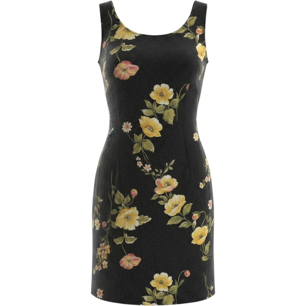 Meghan Matthews Vintage Floral Sleeveless Shift Dress Black Yellow Poppy Size 16